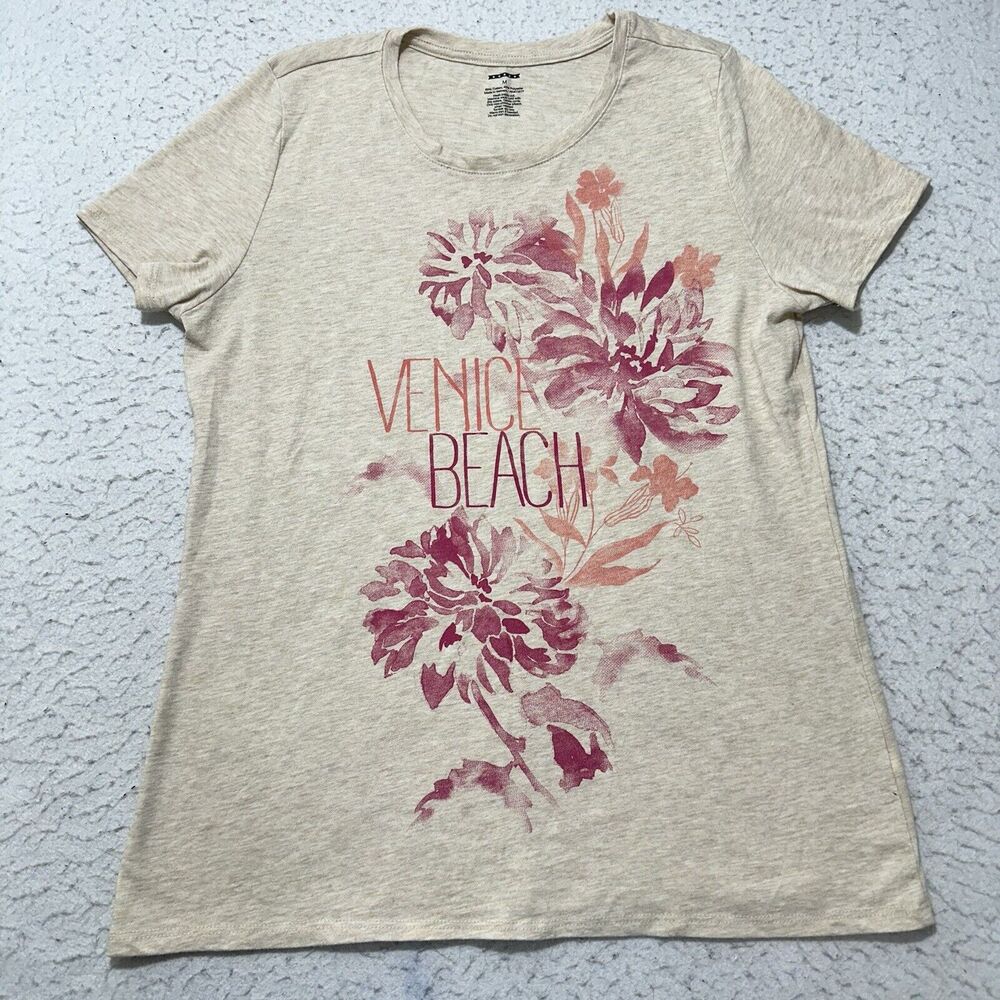 Venice Beach Women’s Medium Beige Lightweight Short Sleeve T Shirt Floral Tee